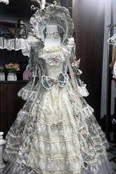 Green/Ivory Print Ruffle Bowknot Lace Classic Vintage Princess Lolita Dress